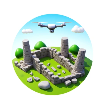 A drone hovering in the air above ancient ruins of a historical site. The drone is equipped with a high-resolution camera, capturing the intricate details of the weathered stone structures. Surrounding the ruins, there is a landscape of lush greenery and scattered rocks. The sunlight casts shadows across the remnants of columns, walls, and artifacts visible on the ground. The sky is clear with a few fluffy white clouds, providing a bright backdrop to the scene.