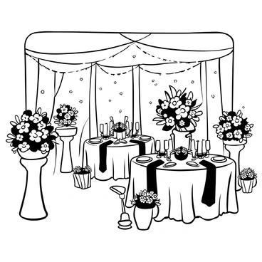 An ornate wedding venue with elaborate decorations. Tables are set with fine china, silverware, and crystal glasses. Each table features lush floral arrangements in various shapes and sizes, elegantly arranged in vases. Decorative centerpieces consist of candles and ribbons, adding a touch of sophistication. The overall atmosphere is enhanced by soft draping fabric hanging from the ceiling and twinkling lights overhead.