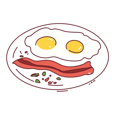 A white breakfast plate features two sunny-side-up eggs positioned to resemble eyes. Below the eggs, there is a curved line of crispy bacon forming a smile. Surrounding the main elements, there are small pieces of sautéed vegetables in green and orange scattered across the plate, adding a pop of color. The background of the plate is a soft, neutral color that enhances the vibrant appearance of the breakfast.