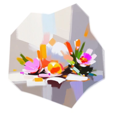 A unique piece of art created by blending various painting and illustration techniques. The artwork features a vibrant scene filled with diverse colors and textures. Elements of abstract shapes intertwine with realistic depictions of nature, such as flowers and leaves, that add depth and interest. Distinct brush strokes are evident throughout the piece, enhancing the visual richness. A subtle interplay of light and shadow creates a dynamic atmosphere, inviting viewers to explore the intricate details within the composition.