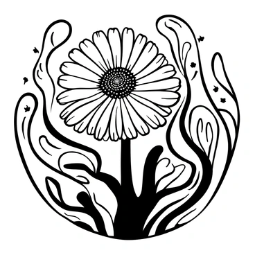 A detailed illustration of a "protea flower" with intricate petals and textures. The flower is portrayed in a central position, showcasing its unique shape and features. The background consists of swirling patterns that suggest a gradient effect, made entirely in black and white, without any pastel colors. The composition emphasizes the contrast between the detailed flower and the abstract background, creating a striking visual impact.