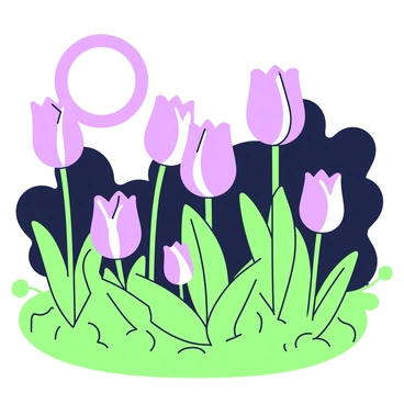 A garden filled with rare tulips is illuminated by the soft glow of moonlight. The tulips are unique in shape and texture, standing tall with their petals slightly open, showcasing their intricate patterns. The moon hangs in the sky, casting gentle light that creates delicate shadows on the ground. Nearby, lush green leaves surround the tulips, framing them harmoniously in the scene. In the background, a dark silhouette of trees adds depth to the garden setting.