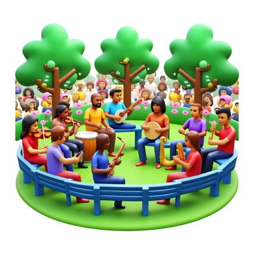 A diverse group of musicians from various cultures gathered in a park. Each musician is playing a different instrument, such as a violin, a djembe, a sitar, and a saxophone. They are positioned in a semicircle, with some musicians standing and others sitting on benches. The park is filled with lush green trees and colorful flowers. The musicians display focused expressions as they collaborate, creating a harmonious sound together. In the background, people are enjoying the atmosphere, with some clapping along to the rhythm. The scene captures a lively and vibrant musical performance.