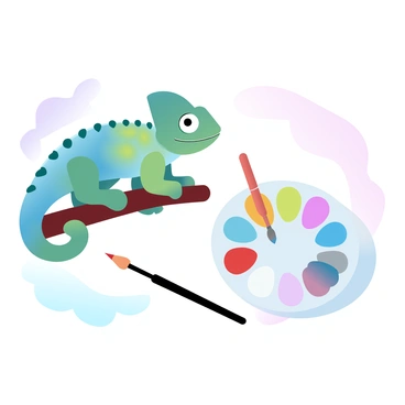 A chameleon is perched on a branch, its skin transitioning through various shades of color. The chameleon's body displays a vibrant mix of greens, blues, and yellows, showcasing its ability to camouflage. Next to the chameleon is an artist's palette, abundant with paint in a spectrum of colors, including red, blue, and yellow. The palette is arranged in a circular fashion, with a few paintbrushes resting nearby. The background features a soft gradient of pastel colors that subtly enhance the scene.