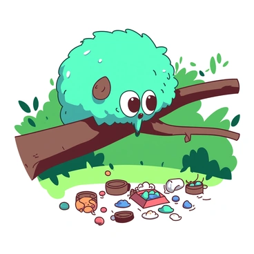A teal niffler with shiny fur is perched on a sturdy branch of a brown tree, carefully observing the world below. The niffler's large, curious eyes are wide open, focused on a colorful array of treasures scattered on the ground. The branch is adorned with small green leaves, and the background features a blurred green landscape, enhancing the niffler's attention on the vibrant scene beneath.