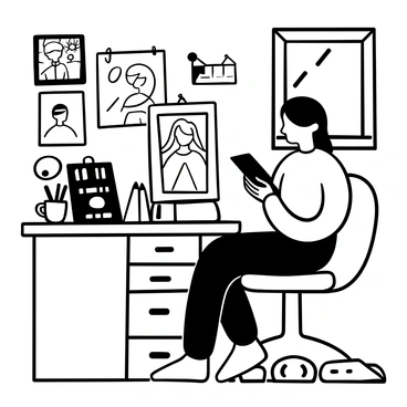 An artist sitting at a desk, focused on drawing on a tablet. The character they are illustrating is displayed on the screen, showcasing detailed features and intricate design elements. Surrounding the artist are various art supplies, including pencils, sketchbooks, and a coffee cup. There are sketches of the character pinned to the wall, along with references and color palettes scattered on the desk. A window is partially open, letting in light that adds depth to the workspace.