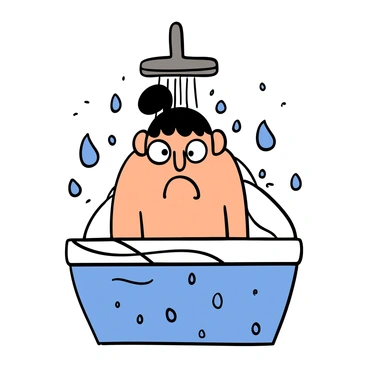 A close-up of a light-skinned person with big eyes and short dark hair, wincing as they step into a cold shower. Water droplets are splashing around, glistening in the light. The person is wearing a simple white towel wrapped around their body. Their facial expression shows surprise and discomfort as they brace for the cold water, with steam rising around them in the bathroom.