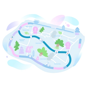 A colorful map is laid out, displaying the tram routes weaving through a busy city. The tram lines are highlighted in vibrant colors, with clear and distinct paths. Various landmarks are marked with small icons, such as "a tall skyscraper," "a historic clock tower," and "a large park with trees." Each landmark is labeled with its name in a bold, easy-to-read font. The background of the map features gentle gradient pastel colors, enhancing the vividness of the tram routes and landmarks.