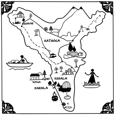 A detailed map of Kerala featuring outlined regions and landmarks. There are pop-out icons representing key attractions, such as a houseboat, a spice plantation, and a traditional Kathakali dancer. Each icon is distinct and labeled with appropriate titles. The map is filled with various geographical features, including rivers, mountains, and forests, all rendered with clear lines. The borders of the map are decorated with intricate patterns reflecting local culture. The entire composition is designed to appear engaging and informative.