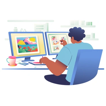 An illustrator with light brown skin and curly black hair is seated at a desk, focused on creating a detailed digital illustration. They are wearing a comfortable blue t-shirt. On the desk, there are dual monitors displaying vibrant artwork in progress. One monitor shows a colorful landscape, while the other features character sketches. A graphic tablet with a stylus rests in front of the illustrator, and a coffee mug filled with a warm drink sits to the side. The desk also has scattered sketchbooks and pens, indicating the illustrator's active workflow. The background reveals a well-organized workspace with art supplies neatly arranged on shelves.