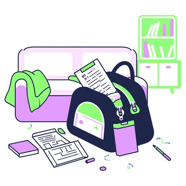 A school bag is open on a living room floor. The bag is black with colorful zippers and patches. Homework papers are spilling out of the bag, scattered across the floor. Among the papers, there are math worksheets, a science project outline, and a history essay. A pencil lies next to the bag, and a small purple notebook is partially visible inside the bag. In the background, there is a couch with a green throw blanket draped over the arm. A bookshelf with various books is positioned against the wall.