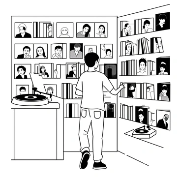 An inviting record store filled with shelves crammed with vinyl records. The walls are adorned with posters of classic music icons from the 1950s. A customer is standing in front of one of the shelves, carefully browsing through a collection of classic 1950s music albums. The customer is wearing a casual outfit, consisting of jeans and a short-sleeved shirt. Sunlight streams through the window, casting gentle shadows on the floor. A turntable is set up on a counter, with a few vinyl records resting beside it.