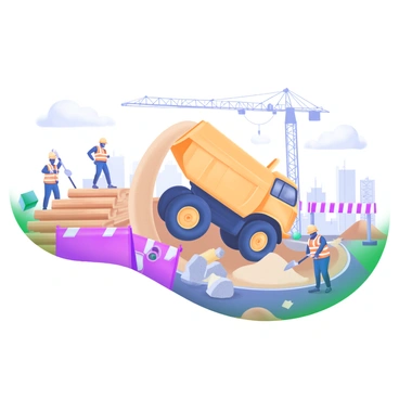 A large yellow dump truck is positioned prominently, with its bed raised and gravel spilling out. Surrounding the truck, construction workers in hard hats and reflective vests are actively engaged in various tasks, some using shovels to spread the gravel while others are directing traffic. Nearby, there are stacks of wooden beams and piles of dirt, with cranes and scaffolding in the background. The sky is bright, with a few fluffy white clouds visible. A red and white construction barrier is present, marking off the active work zone.