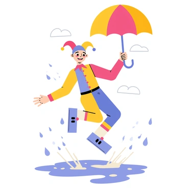 A cheerful jester with a multi-colored outfit is dancing joyfully through shiny puddles. The jester is holding a large, vibrant umbrella that features a mix of bright colors including red, blue, and yellow. Water splashes around as the jester leaps playfully, with a wide smile on their face. The background is filled with splashes of rain and a few scattered clouds.