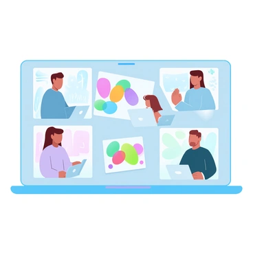 A group of team members is engaged in a video call, each displayed in their own screenshot boxes on the screen. The individuals are shown sitting in their respective workspaces, with laptops open in front of them. Some team members have colorful jelly illustrations on their screens, depicting various shapes and flavors of jelly in vibrant colors. Each person wears casual clothing and appears focused on the discussion. The background of each workspace reflects a personal touch with plants, books, or decorative items.