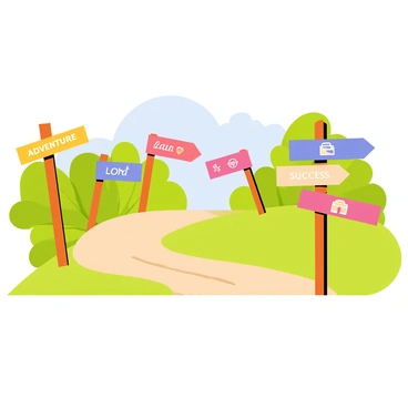 A crossroads scene with a dirt path leading in four directions. There are multiple wooden signs, each pointing toward a different life path. One sign reads "Adventure" with an image of a mountain, another sign says "Love" adorned with a heart, and a third sign displays "Success" with a briefcase symbol. The background features lush green trees and a bright blue sky. Each sign is decorated with vibrant colors, making them stand out against the earthy tones of the path.