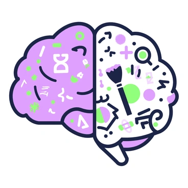 A split illustration showing the left brain filled with mathematical symbols and the right brain with colorful art