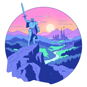 A blue hero with a shining silver sword raised high is standing confidently on a rocky mountain peak. The hero is clad in intricate armor that catches the light, accentuating their muscular build. Beneath the hero, a vast fantasy world unfolds, filled with rolling green hills, dense forests, and a shimmering river winding through the landscape. In the distance, majestic castles and soaring towers can be seen, surrounded by a soft purple mist. The sky above is painted with vibrant orange and pink hues as the sun begins to set, casting a warm glow over the entire scene.