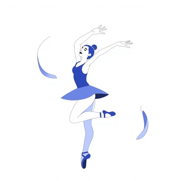 A ballet dancer is captured in mid-air during a leap, demonstrating a parabolic pose. The dancer's arms are elegantly extended above their head, while one leg is bent gracefully at the knee, and the other leg is fully extended downward. The dancer's body is poised and strong, showing control and grace. The surrounding atmosphere suggests a sense of movement and fluidity, as if the dancer is about to land softly. The dancer's attire includes a flowing tutu that adds an element of motion to the scene.