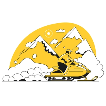 A snowmobile is speeding across a vast expanse of snowy mountain terrain. The snowmobile has a sleek design with a streamlined body and powerful skis at the front. It leaves a trail of fresh snow spraying behind it. The mountainous landscape features towering peaks covered in white snow, with patches of rocky terrain peeking through. In the distance, a bright sun shines down, illuminating the scene and casting shadows on the snowy surface.