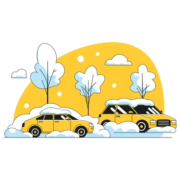 A snow-covered parking lot with several cars buried under a thick layer of fresh snowfall. The cars have varying shapes and sizes, some with snowdrifts on their hoods and roofs. The parking lines are barely visible, obscured by the white blanket of snow. In the distance, snow-laden trees line the edge of the parking lot, their branches heavy with white snow. A clear blue sky peeks through scattered clouds above, enhancing the crisp winter scene.