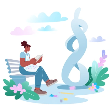 An art student is sitting on a bench, sketchbook in hand, gazing intently at a large modern art sculpture. The sculpture is composed of abstract shapes with smooth curves and sharp angles, intricately intertwined. The student has a messy bun and is wearing a paint-splattered apron over casual clothing. Colorful art supplies are scattered next to the bench. Lush greenery surrounds the campus area, and a variety of colorful flowers bloom nearby, adding to the vibrant atmosphere. The sky overhead is filled with gentle gradient pastel colors, enhancing the tranquil scene.