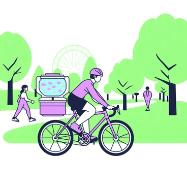 A cyclist is riding through a park on a bicycle. The bicycle is equipped with a specialized fish tank mounted on the rear. The fish tank is filled with water and features colorful fish swimming inside. The cyclist is wearing a helmet and athletic clothing, focused on the path ahead. Surrounding the cyclist, there are green trees and neatly trimmed grass in the park. In the background, a few people can be seen walking along a path. The scene captures a lively atmosphere with sunlight filtering through the leaves.