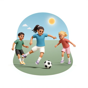 A cartoon girl, with long brown hair tied in a ponytail, wearing a bright blue jersey, white shorts, and purple soccer cleats, is energetically kicking a black and white soccer ball. She is surrounded by two friends; one friend, a boy with short black hair, is wearing a green jersey and black shorts, and the other friend, a girl with curly blonde hair, is wearing a red jersey and pink shorts. They are all smiling and laughing as they play together on a sunny field with green grass and a clear blue sky. The sun is shining brightly, casting shadows on the ground, enhancing the cheerful atmosphere of the scene.