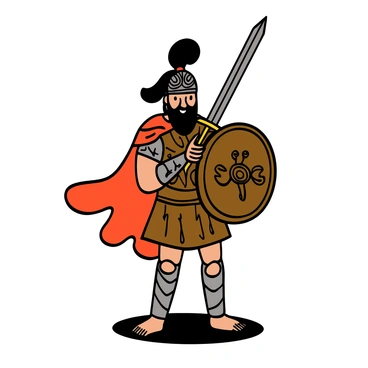 An ancient warrior with tan skin and long black hair tied back stands proudly. He wears a detailed metal helmet adorned with intricate designs, and a breastplate made of bronze with engravings. In his right hand, he holds a gleaming sword with a decorated hilt, and in his left hand, he grips a large round shield emblazoned with a fierce emblem. The warrior stands tall with a determined expression, casting a strong shadow on the ground beneath him. His armor is complemented by a flowing red cape that billows slightly in the breeze.