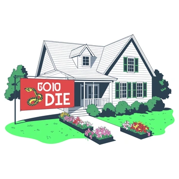 A white colonial home with traditional architecture featuring a peaked roof and young green shutters. In front of the house, a large "Join or Die" banner is hung prominently, displaying a detailed illustration of a segmented snake. The banner is positioned against the backdrop of a well-maintained lawn that has vibrant green grass. Flanking the pathway leading to the front door are colorful flower beds filled with assorted blooming flowers. The sky above is clear, creating a bright atmosphere.