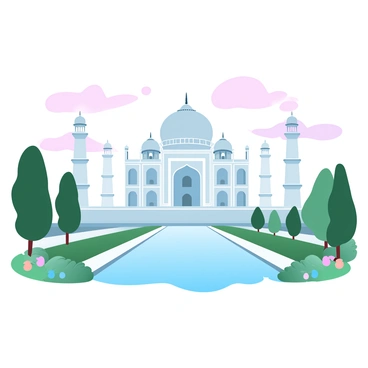 A large structure resembling the Taj Mahal is positioned in the center of the image, showcasing its iconic dome and intricate architectural details. The scene is bathed in soft, gradient pastel colors representing a sunrise, with hues of pink, orange, and light blue merging in the sky. A tranquil pool of water lies in front of the Taj Mahal, perfectly reflecting the monument and the colorful sky above. Lush green gardens surround the area, with carefully trimmed hedges and flower beds adding vibrant pops of color. The overall composition captures the peaceful ambiance of this early morning setting.