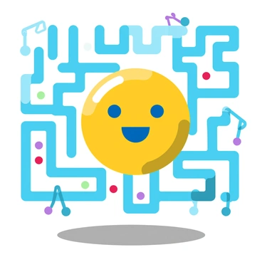 A yellow circular character with a mouth appears in a maze filled with musical notes and various musical instruments scattered throughout the pathways.