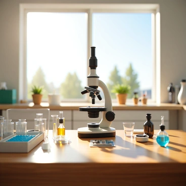 A bright, sunlit room with sunlight streaming through a large window. The light creates a warm glow as it illuminates a well-organized workspace. In the center, there is a high-quality microscope with intricate details, reflecting the sunlight. Surrounding the microscope are neatly arranged laboratory tools, including glass slides and petri dishes. The surface of the desk is made of polished wood, adding to the warm atmosphere, while the window reveals a clear blue sky outside.