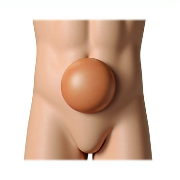 A close-up view of herniated tissue protruding through the abdominal wall. The tissue appears swollen and is pushing against the skin, creating a noticeable bulge. The surrounding skin is slightly stretched and may show signs of discoloration. The abdominal wall texture is visible, showcasing muscle fibers and connective tissue. The lighting highlights the contours of the herniation, emphasizing the distinction between the protruding tissue and the surrounding area.