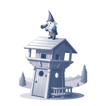 A gnome standing on top of a vintage wooden watchtower. The gnome has a long beard and is wearing a pointed hat. He is peering through a spyglass, directing his gaze into the distance. The watchtower is made of weathered wood with intricate carvings and a slightly slanted roof. The structure has a small balcony where the gnome is positioned, surrounded by wooden railings. The background features a distant landscape with rolling hills and a few scattered trees.
