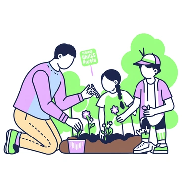 A male teacher is kneeling beside a garden bed in a school garden, assisting students in planting flowers. The teacher is wearing a light blue shirt and beige pants, holding a small trowel in his right hand. He is demonstrating how to properly place the seedlings into the soil. Two students, a girl with braided hair and a boy with a baseball cap, are actively participating. The girl is carefully placing a flower into the ground while the boy holds a watering can, ready to water the newly planted flowers. Various flower seedlings are arranged on the ground nearby, and a colorful sign that reads "Science Project" is staked into the soil. In the background, there are several trees providing shade around the garden area.