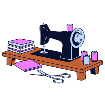 A vintage sewing machine with a glossy black finish sits on a polished wooden table. The machine features intricate silver detailing and a large wheel on the side. Surrounding the sewing machine are various pieces of colorful fabric, stacked and draped. Spools of thread in vibrant colors are scattered around, alongside a pair of sharp silver scissors resting on the table. The scene conveys a sense of creativity and craftsmanship.