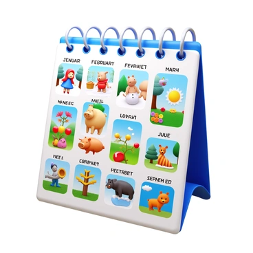 A whimsical calendar illustrating beloved storybook characters engaging in monthly adventures