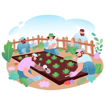 An elderly group planting vegetables together in a community garden
