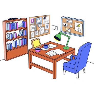 A detective's study with wooden shelves filled with case files and thick books. A large wooden desk is positioned in the center, covered with scattered papers, a magnifying glass, and a half-empty cup of black coffee. In one corner, there is a cork board with strings connecting various photographs and notes. A green desk lamp illuminates the workspace, casting soft light over the cluttered surface. The walls are lined with framed sketches and maps, hinting at various investigations. A comfortable leather chair sits beside the desk, inviting reflection and analysis.