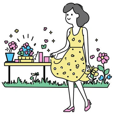 A woman wearing "stylish high heels" stands gracefully in an outdoor garden party. She is dressed in a "flowing summer dress" adorned with floral patterns. The garden is vibrant, filled with an array of colorful "flowers", including red roses, yellow daisies, and blue hydrangeas. The sunlight casts soft shadows across the "lush green grass" where guests mingle. In the background, a wooden table is set, decorated with "elegant tableware" and a floral centerpiece, enhancing the lively atmosphere of the gathering.