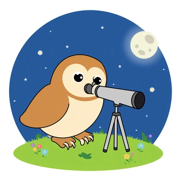 A baby owl with soft, fluffy feathers in shades of brown and white is perched on a grassy hilltop. The owl has large, round eyes filled with curiosity, gazing through a small, shiny telescope positioned in front of it. The telescope is silver with a black eyepiece, pointing towards the starry night sky, which is filled with twinkling stars. The hilltop is dotted with patches of vibrant green grass and a few colorful wildflowers. In the background, a full moon casts a gentle glow over the scene, illuminating the owl and the telescope.