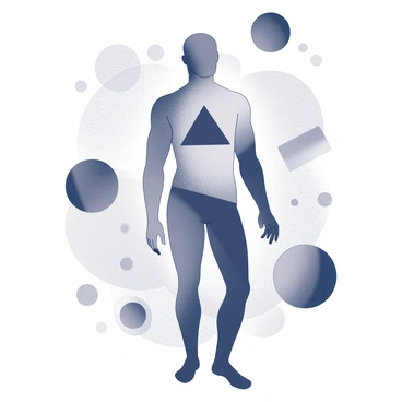 A figure representing "Adam" stands prominently in the center of the composition. The figure is composed of bold geometric shapes, with a prominent triangular shape representing the torso. Surrounding Adam are various dynamic shapes like circles and rectangles that suggest movement and energy. The background features a complex pattern of overlapping shapes creating depth and interest. The entire piece conveys a sense of interaction and connection, emphasizing the central figure's presence.