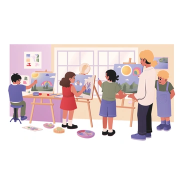 A digital flat illustration depicting a group of children painting on easels inside a community center. There are four children visible in the scene. On the left, a boy with dark hair and a blue shirt is actively painting a bright yellow sun on his canvas. Next to him, a girl with curly brown hair wearing a red dress is painting a colorful butterfly. In the center, another girl with straight black hair tied in a ponytail, dressed in a green t-shirt and denim overalls, is working on a landscape with trees and a blue sky. On the far right, a boy with short blond hair is painting a vibrant rainbow on his easel. The walls of the community center are decorated with colorful artwork created by the children, and there is a variety of art supplies scattered across the tables. Bright light streams through large windows, illuminating the cheerful atmosphere.
