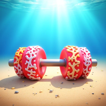 Dumbbells crafted from coral and seashells are positioned on a sandy ocean floor. Each dumbbell showcases intricate patterns of coral formations, with vibrant colors of pink, orange, and white from the shells adorning them. The surrounding sandy floor features fine grains with small pebbles scattered throughout. Sunlight streams down through the water above, creating a shimmering effect on the surface and casting soft shadows on the dumbbells.