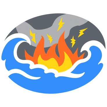 A dramatic scene depicting a fierce battle between elemental forces. Large waves of blue water crash against vibrant orange flames, sending droplets and embers flying through the air. The water is depicted with swirling patterns, while the fire has sharp, flickering shapes. In the background, dark storm clouds loom, adding to the intensity of the clash. Bright flashes of lightning illuminate the scene, highlighting the struggle between the opposing elements. The atmosphere is charged with energy as both fire and water swirl and interact dynamically.