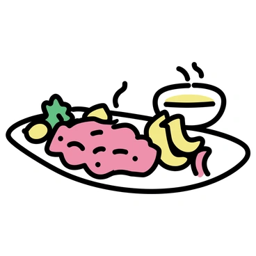 A platter of "moo deng," featuring sliced red barbecued pork arranged neatly. The pork is accompanied by various colorful garnishes, including fresh green cilantro, thinly sliced red chili peppers, and bright yellow pickled vegetables. The platter also has a small bowl of dipping sauce placed nearby, adding a contrasting element. The background is simple, allowing the vibrant colors of the dish and garnishes to stand out prominently.