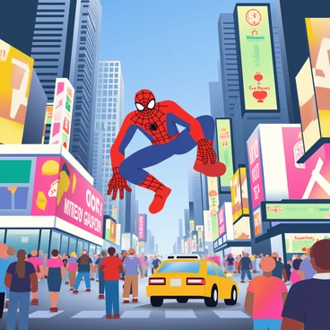 Spider-Man is depicted swinging through the air over a bustling Times Square. He is wearing his iconic red and blue suit, with the web pattern clearly visible. Below him, the streets are filled with a diverse crowd of people, some looking up in awe at Spider-Man's acrobatics. Brightly colored billboards and advertisements illuminate the scene, showcasing various products and movies. Yellow cabs can be seen maneuvering through the traffic, and skyscrapers loom in the background, creating a vibrant urban atmosphere. The sky is a rich blue, adding contrast to the colorful scene below.