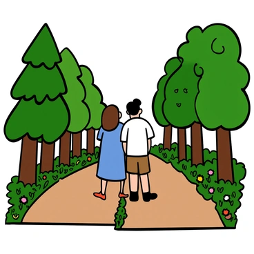 A scenic view of a road splitting into two distinct paths at a fork in the woods. A couple is standing back-to-back in the center of the fork. The woman has light skin and long brown hair, wearing a blue dress, while the man has light skin and short black hair, dressed in a white shirt and khaki shorts. They both are looking in opposite directions, symbolizing their different choices. Surrounding them are lush green trees and patches of colorful wildflowers along the sides of the paths. The sunlight filters through the leaves, creating dappled shadows on the ground.