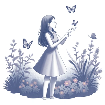 A girl stands in a lush garden, surrounded by a variety of butterflies. She has long, flowing hair that cascades down her back. The butterflies flutter around her, featuring distinct wing patterns in black and white. The garden is filled with dense foliage, including tall plants and vibrant flowers. Sunlight filters through the leaves, casting interesting shadows around her. The girl is wearing a simple, yet elegant dress that flows gently with the breeze. She reaches out with her hands as one butterfly lands softly on her finger.